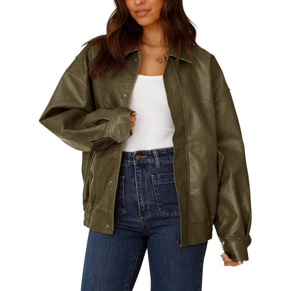 Women's Army Green Faux Leather Motorcycle Jacket Trendy Fall Spring Clothes